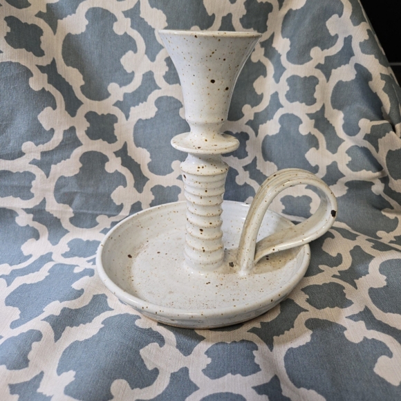 Bill Tyner Signed Studio Art Pottery Chamber Candlestick Holder, White Speckle - Picture 1 of 4
